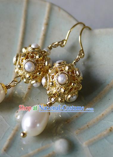 Chinese Ancient Tang Dynasty Princess Ear Accessories Traditional Cheongsam Pearls Golden Earrings