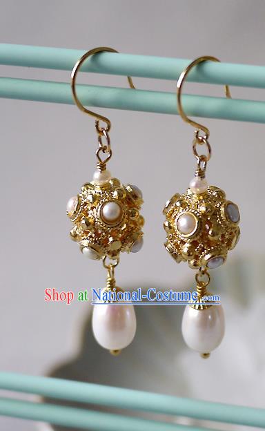 Chinese Ancient Tang Dynasty Princess Ear Accessories Traditional Cheongsam Pearls Golden Earrings