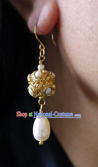 Chinese Ancient Tang Dynasty Princess Ear Accessories Traditional Cheongsam Pearls Golden Earrings