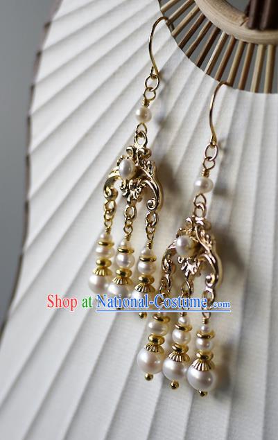 Chinese Ancient Empress Pearls Tassel Ear Accessories Traditional Qing Dynasty Court Golden Earrings