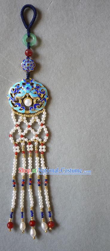 China Traditional Cheongsam Pearls Tassel Accessories Ancient Qing Dynasty Cloisonne Lotus Brooch Pendant