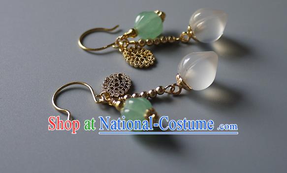 Chinese Ancient Court Lady Ear Accessories Traditional Qing Dynasty White Chalcedony Earrings