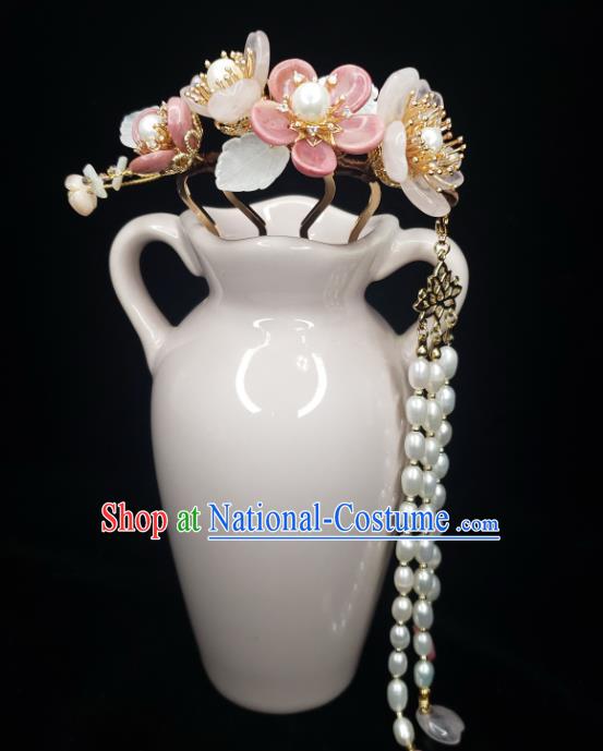 Chinese Ancient Court Lady Begonia Hairpin Traditional Song Dynasty Pearls Tassel Hair Comb