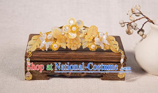 Chinese Ancient Patrician Female Hairpin Traditional Ming Dynasty Young Lady Yellow Shell Plum Hair Crown Jewelry