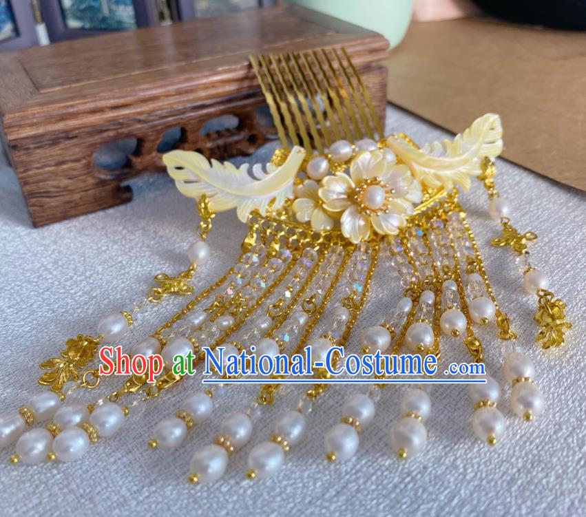 Chinese Ancient Village Girl Shell Pearls Tassel Hairpin Traditional Ming Dynasty Golden Hair Comb Accessories