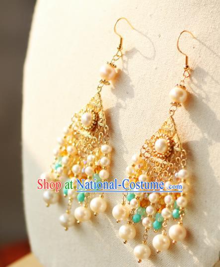 Chinese Ancient Tang Dynasty Imperial Consort Ear Accessories Traditional Hanfu Pearls Tassel Earrings