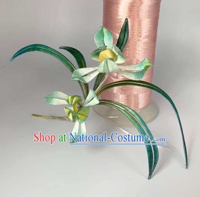 China Handmade Green Silk Orchids Hairpin Traditional Hanfu Hair Accessories Ancient Song Dynasty Princess Hair Stick