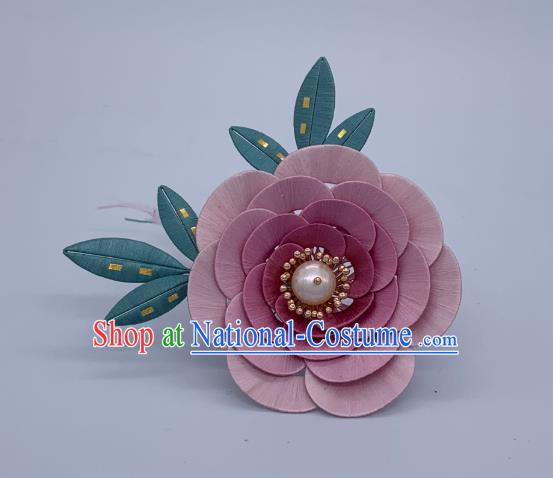 China Handmade Pink Silk Camellia Hairpin Traditional Tang Dynasty Hanfu Hair Accessories Ancient Princess Hair Stick