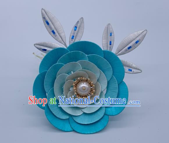 China Handmade Blue Silk Camellia Hairpin Traditional Hanfu Hair Accessories Ancient Tang Dynasty Hair Stick