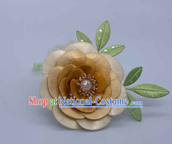 China Traditional Hanfu Hair Accessories Ancient Tang Dynasty Hair Stick Handmade Yellow Silk Camellia Hairpin