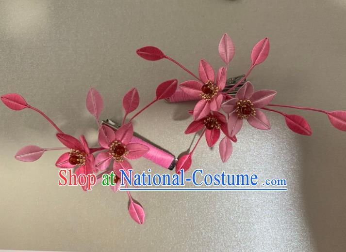 China Handmade Pink Silk Flowers Hairpin Traditional Hanfu Hair Accessories Ancient Song Dynasty Young Lady Hair Claws