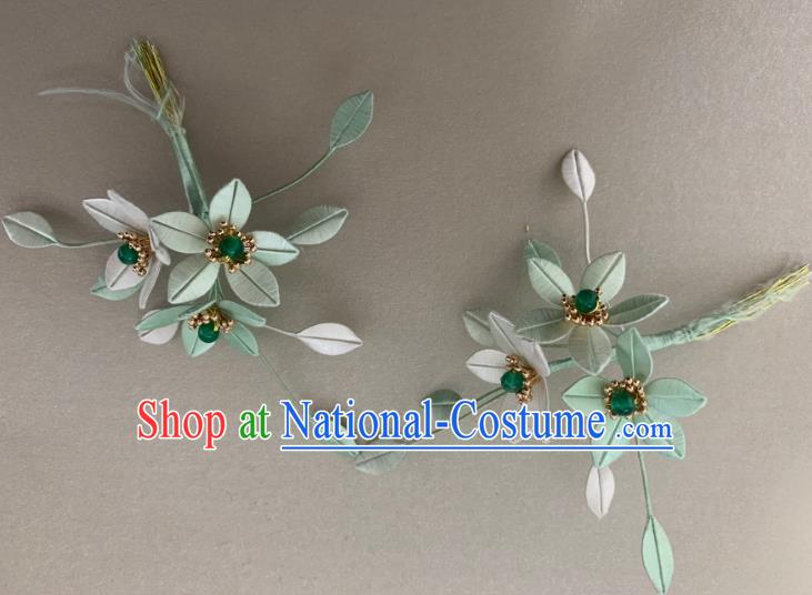 China Handmade Light Green Silk Flowers Hairpin Traditional Hanfu Hair Accessories Ancient Song Dynasty Hair Sticks