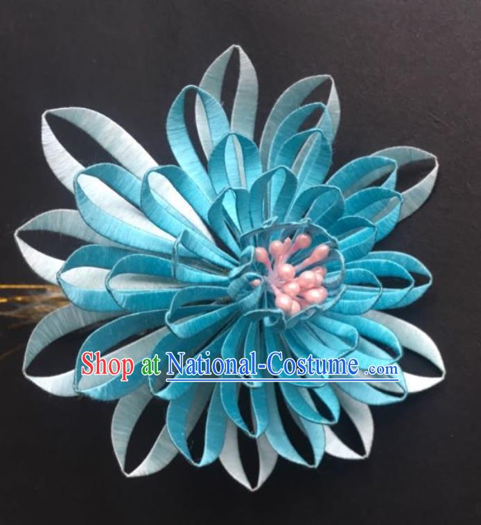 China Handmade Blue Silk Chrysanthemum Hairpin Traditional Hanfu Hair Accessories Ancient Court Woman Hair Stick