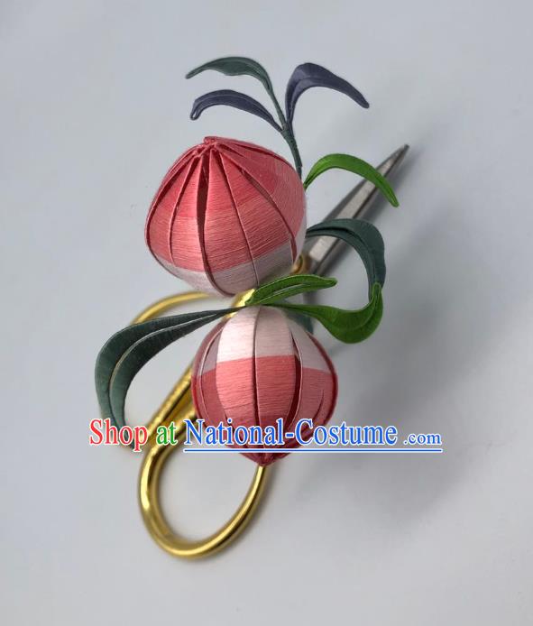 China Handmade Pink Silk Peach Hairpin Traditional Hanfu Hair Accessories Ancient Song Dynasty Young Lady Hair Stick