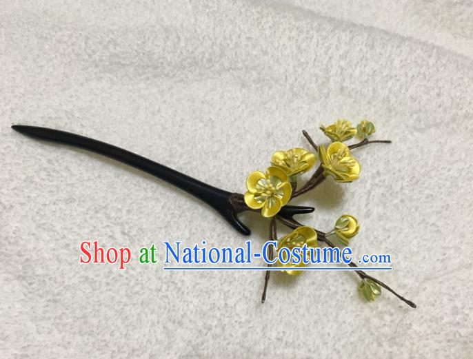 China Handmade Yellow Silk Plum Blossom Hairpin Traditional Hanfu Hair Accessories Ancient Swordswoman Ebony Hair Stick