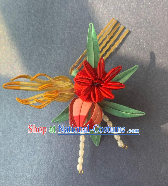 China Handmade Silk Flowers Hairpin Traditional Hanfu Hair Accessories Ancient Young Lady Hair Comb