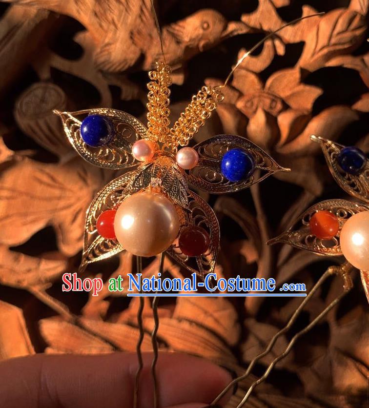 China Handmade Golden Butterfly Hairpin Traditional Ming Dynasty Hair Accessories Ancient Imperial Concubine Pearls Hair Stick