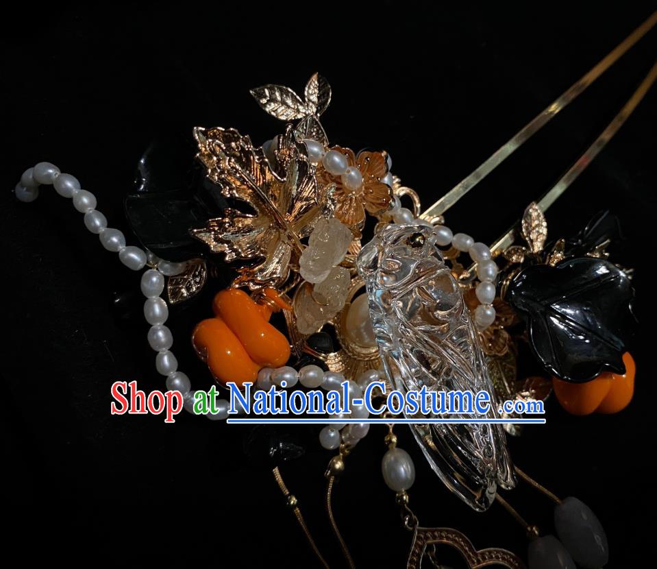 China Handmade Ming Dynasty Crystal Cicada Hairpin Cosplay Hanfu Hair Accessories Ancient Empress Golden Hair Stick