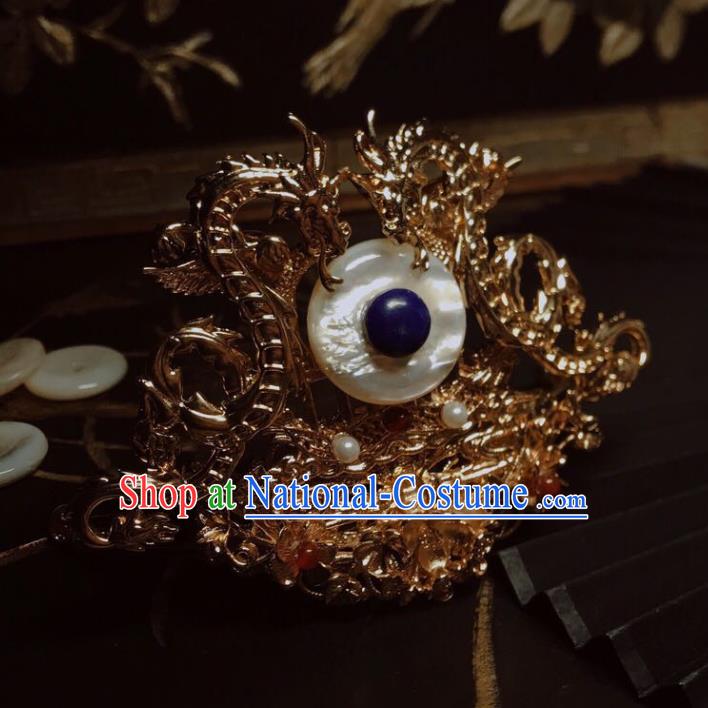 China Handmade Golden Dragon Hairpin Traditional Tang Dynasty Hair Accessories Ancient Prince Shell Hairdo Crown