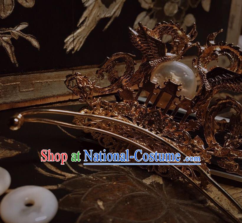 China Handmade Golden Dragon Hairpin Traditional Tang Dynasty Hair Accessories Ancient Prince Shell Hairdo Crown