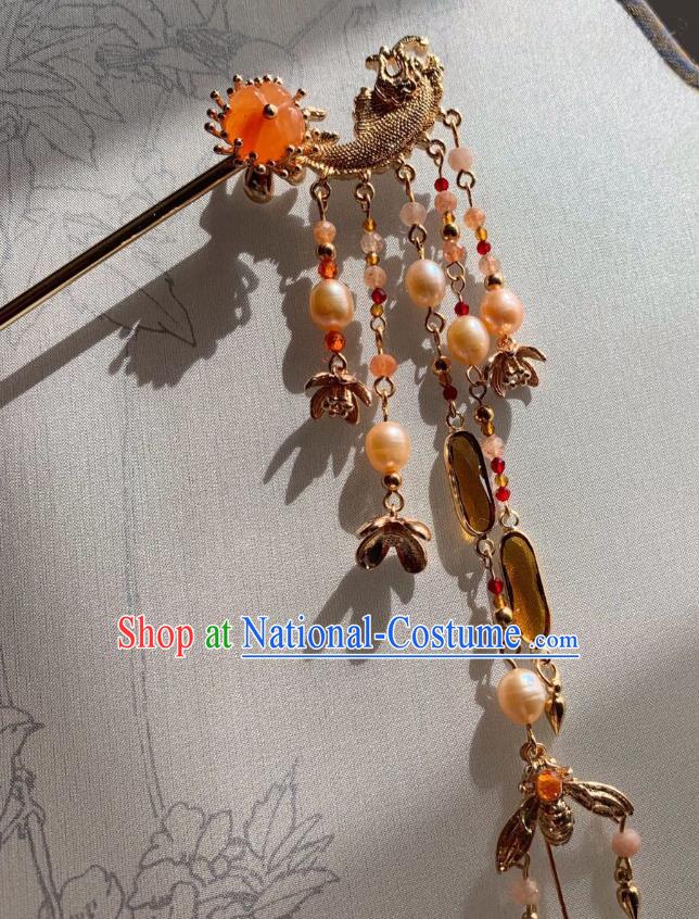 China Handmade Golden Fish Tassel Hairpin Traditional Ming Dynasty Hair Accessories Ancient Court Beauty Pearls Hair Stick