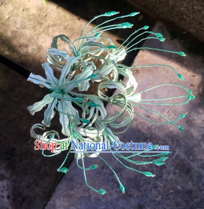 China Handmade Light Green Silk Manjusaka Hairpin Traditional Hanfu Headpiece Ancient Tang Dynasty Princess Hair Stick