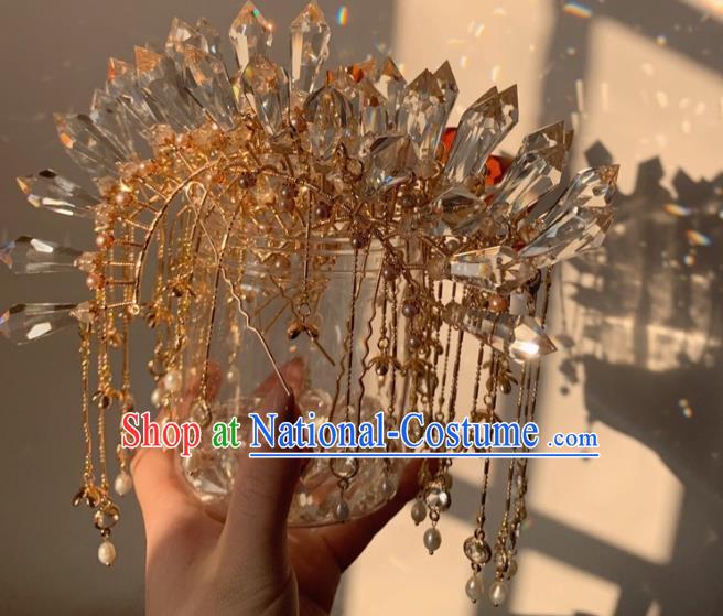 China Handmade Crystal Hairpin Traditional Tang Dynasty Hair Accessories Ancient Palace Lady Tassel Hair Crown