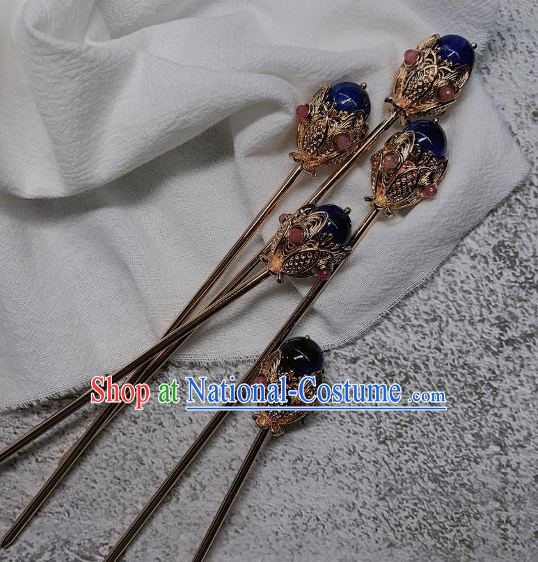 China Handmade Lapis Hairpin Traditional Tang Dynasty Hair Accessories Ancient Imperial Concubine Golden Hair Stick