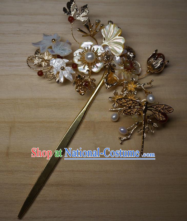 China Handmade Shell Goldfish Plum Hairpin Traditional Ming Dynasty Hair Accessories Ancient Empress Golden Dragonfly Hair Clip