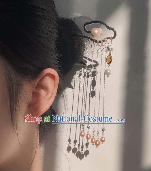 China Handmade Golden Cloud Hairpin Traditional Ming Dynasty Hair Accessories Ancient Princess Pearls Tassel Hair Clip