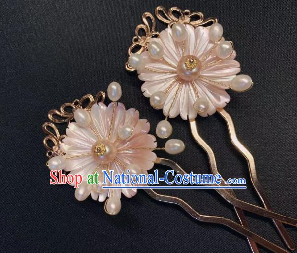 China Handmade Pink Shell Daisy Hairpin Traditional Ming Dynasty Hair Accessories Ancient Princess Pearls Hair Stick