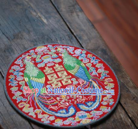 China Traditional Wedding Circular Fan Handmade Embroidered Phoenix Fan Classical Red Silk Palace Fan