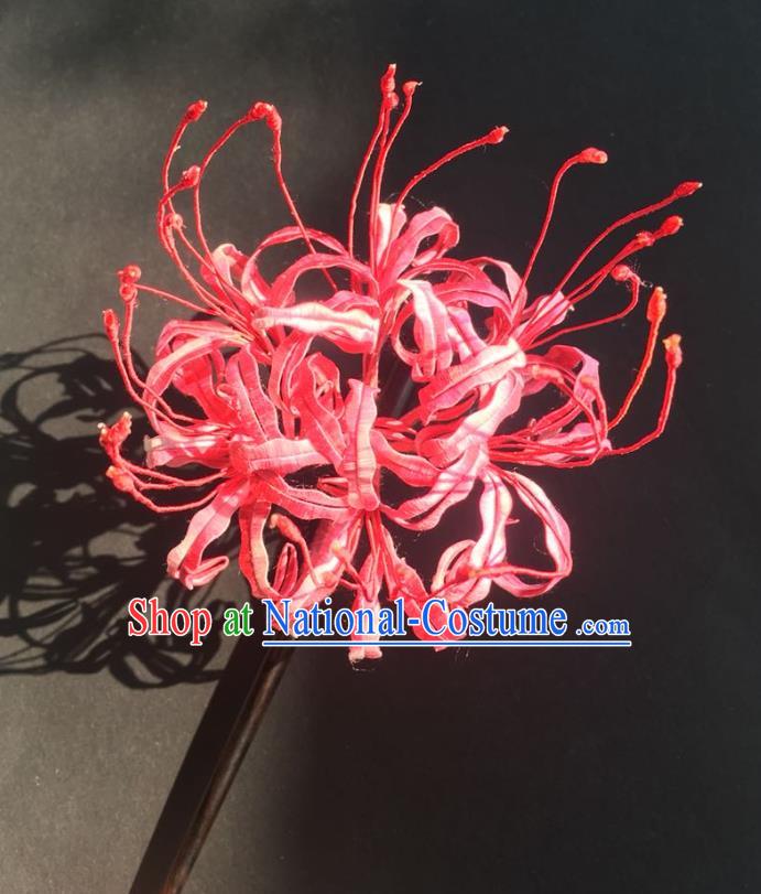 China Handmade Silk Red Manjusaka Hairpin Traditional Hanfu Headwear Ancient Tang Dynasty Palace Lady Hair Stick