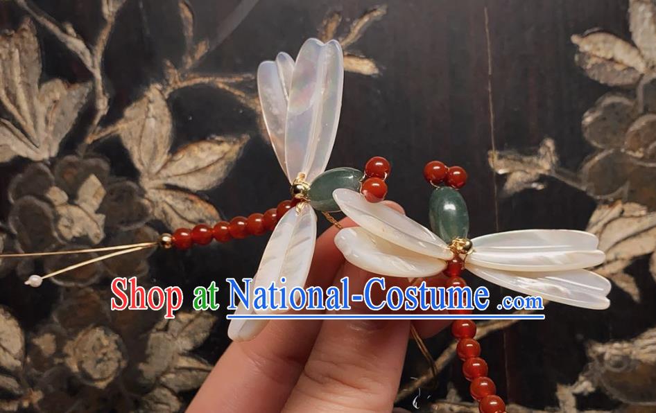 China Handmade Shell Dragonfly Hairpin Traditional Ming Dynasty Hair Accessories Ancient Princess Jadeite Hair Stick