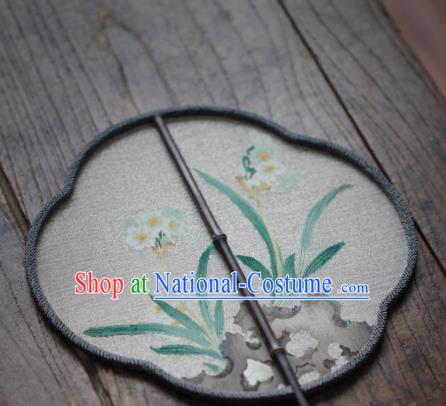 Chinese Handmade Kesi Daffodil Painting Silk Fan Traditional Hanfu Palace Fan