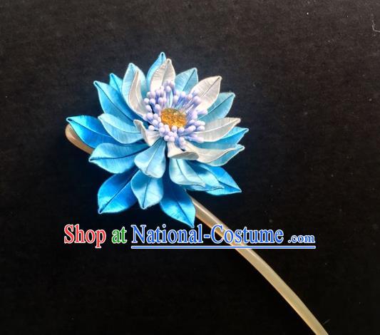 China Handmade Blue Silk Lotus Hairpin Traditional Hanfu Hair Accessories Ancient Royal Princess Hair Clip