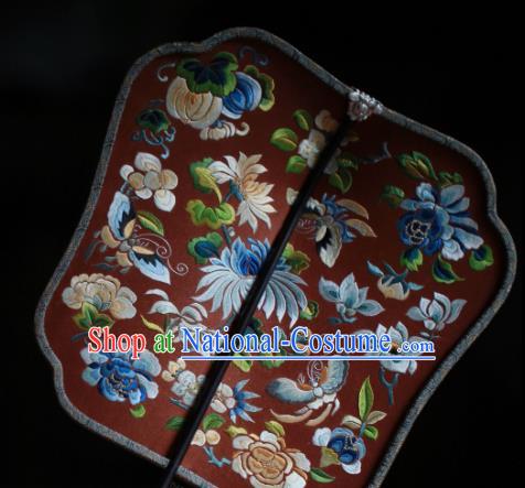 China Classical Red Silk Palace Fan Traditional Wedding Fan Handmade Embroidered Chrysanthemum Peony Fan