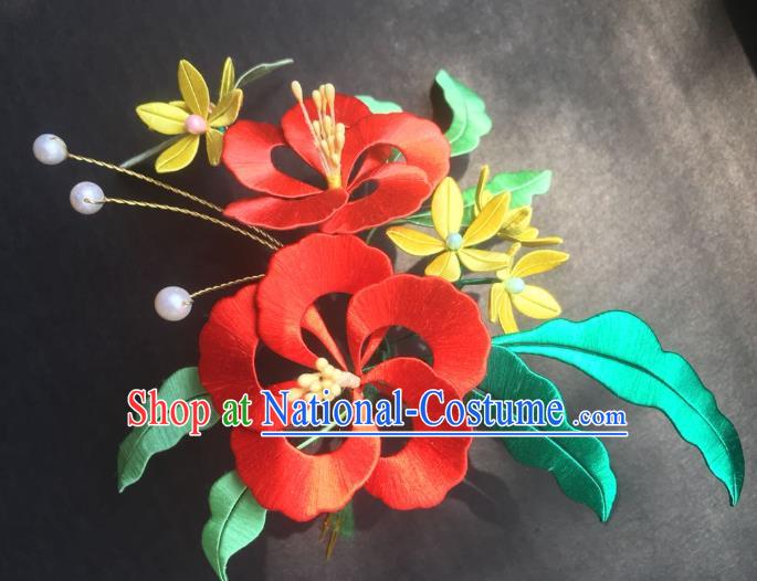 China Handmade Red Silk Hibiscus Hairpin Traditional Ming Dynasty Hair Accessories Ancient Young Beauty Hair Stick