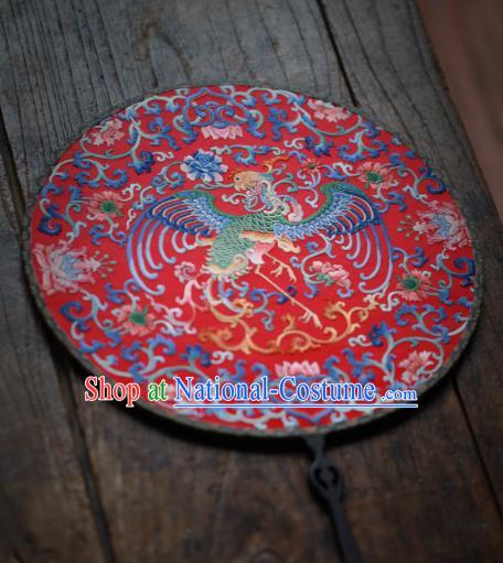 China Handmade Embroidered Phoenix Circular Fan Classical Red Silk Palace Fan Traditional Wedding Hanfu Fan