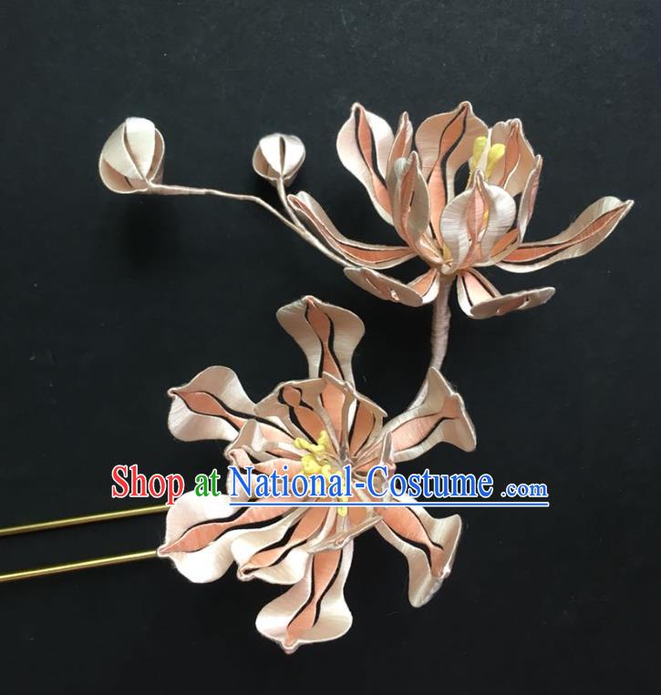 China Handmade Pink Silk Mangnolia Hairpin Traditional Hanfu Hair Accessories Ancient Noble Lady Hair Stick