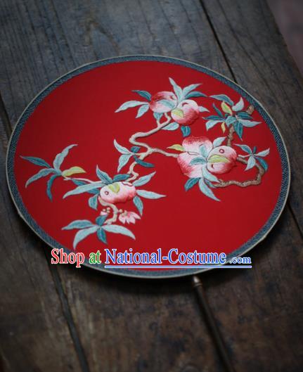 China Traditional Wedding Hanfu Fan Handmade Embroidered Peach Circular Fan Classical Red Silk Palace Fan