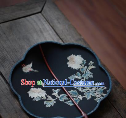 China Classical Navy Silk Palace Fan Traditional Hanfu Fan Handmade Embroidered Chrysanthemum Fan