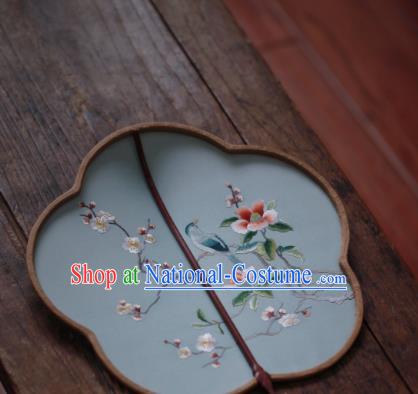 China Handmade Embroidered Plum Blossom Fan Classical Light Blue Silk Palace Fan Traditional Hanfu Fan