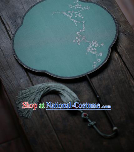 Chinese Handmade Kesi Plum Blossom Painting Pattern Green Silk Fan Traditional Palace Fan Ancient Princess Hanfu Fans