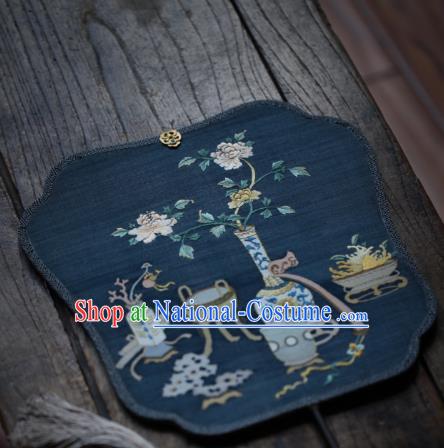 Chinese Ancient Princess Hanfu Fans Handmade Kesi Peony Vase Painting Pattern Navy Silk Fan Traditional Palace Fan