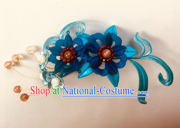 China Handmade Blue Silk Flowers Hairpin Traditional Ming Dynasty Hair Accessories Ancient Palace Lady Hair Stick