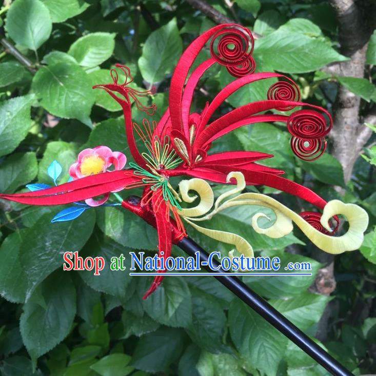 China Handmade Red Silk Phoenix Hairpin Traditional Ming Dynasty Hair Accessories Ancient Wedding Hair Stick