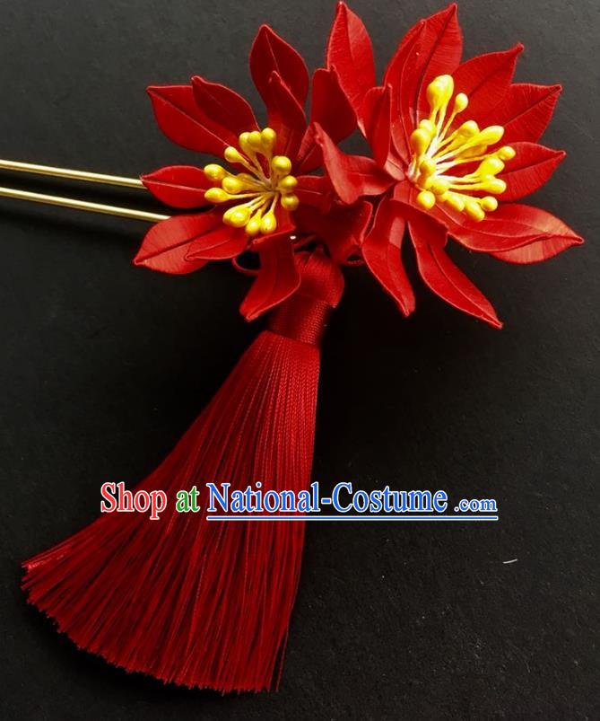 China Handmade Red Silk Flowers Hairpin Traditional Cheongsam Hair Accessories Ancient Bride Tassel Hair Stick