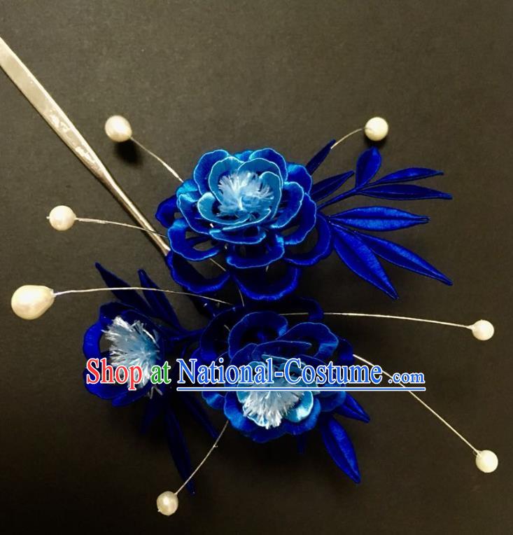 China Handmade Royalblue Silk Peony Hairpin Traditional Qing Dynasty Hair Accessories Ancient Imperial Concubine Hair Clip