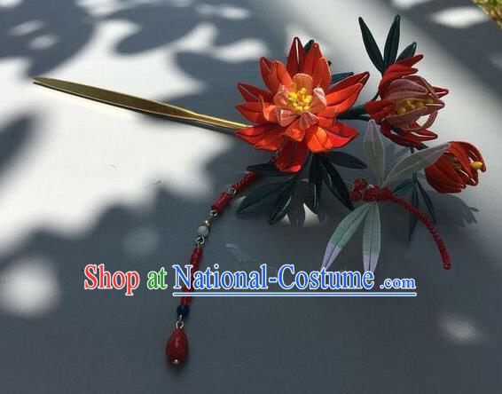 China Handmade Silk Chrysanthemum Hairpin Traditional Wedding Hair Accessories Ancient Princess Red Beads Tassel Hair Stick